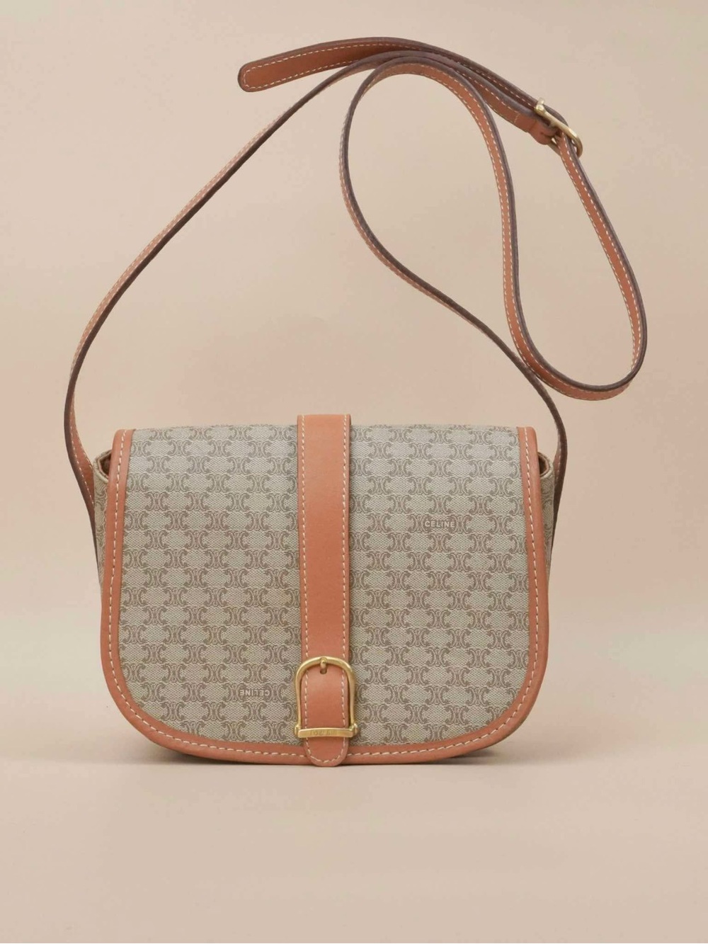 Celine Tan and Cream Crossbody Macadam Saddle Bag
